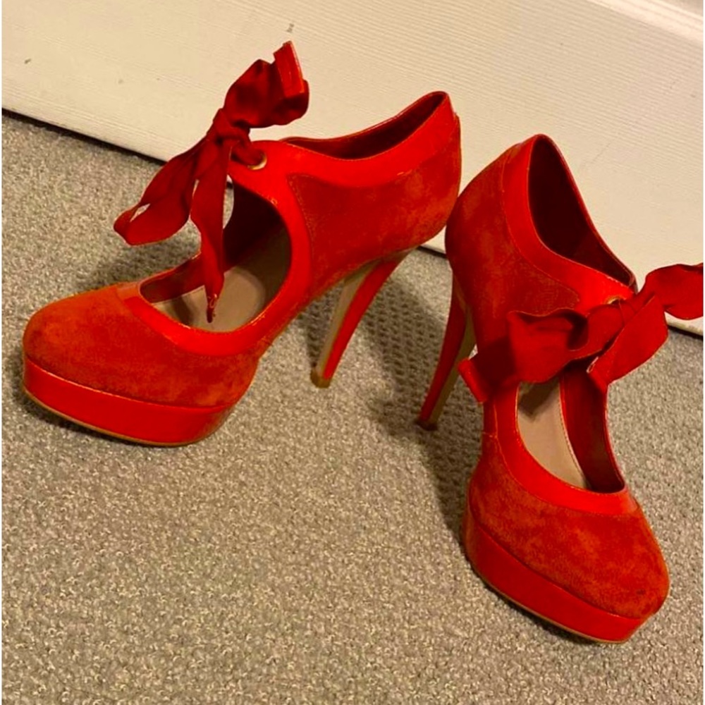 Women’s Red Suede Platform Mary Jane Heels with Ribbon Tie